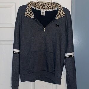 PINK Victoria's Secret Charcoal Sweater with Leopard Print Collar